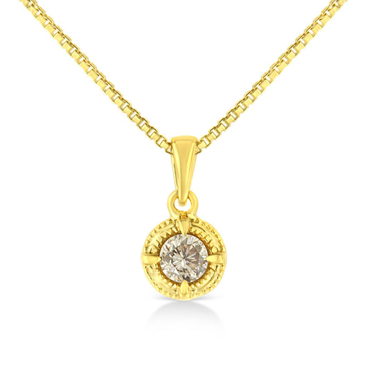 14K Yellow Gold Plated .925 Sterling Silver Brilliant Round Cut Diamond Solitaire Milgrain 18in Pendant Necklace