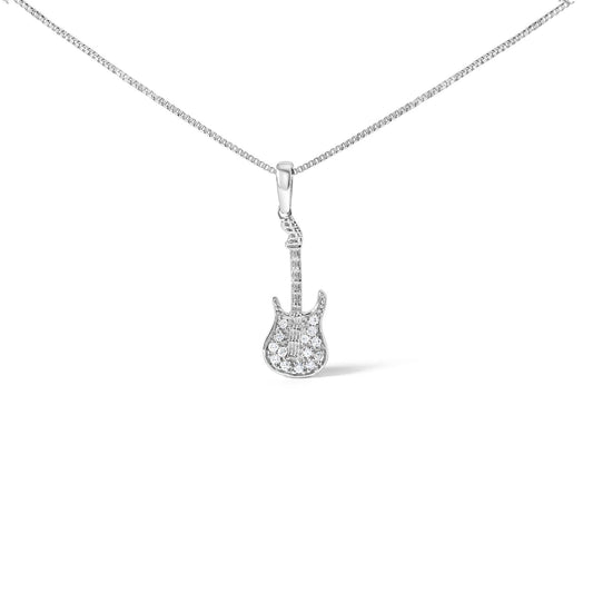 .925 Sterling Silver 1/10 Cttw Diamond Studded Guitar Pendant Necklace (I-J Color, I2-I3 Clarity) - 18 Inches