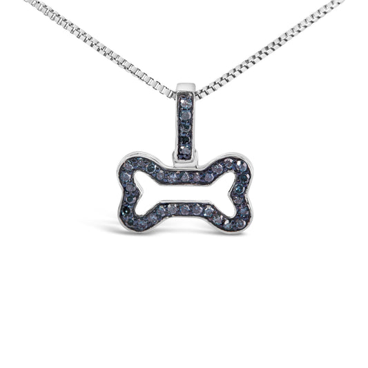 .925 Sterling Silver 1/5 Cttw Blue Diamond Dog Bone Pendant Necklace (Blue Color, I1-I2 Clarity) - 18in