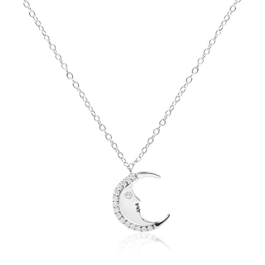 .925 Sterling Silver 1/10ct Diamond Crescent Man on the Moon 18in Pendant Necklace (H-I Color, SI1-SI2 Clarity)