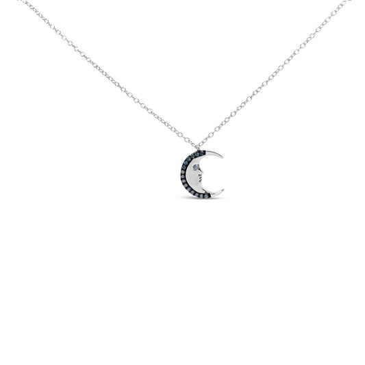 .925 Sterling Silver 1/10ct Blue Diamond Crescent Man on the Moon 18in Pendant Necklace (Blue Color, SI1-SI2 Clarity)
