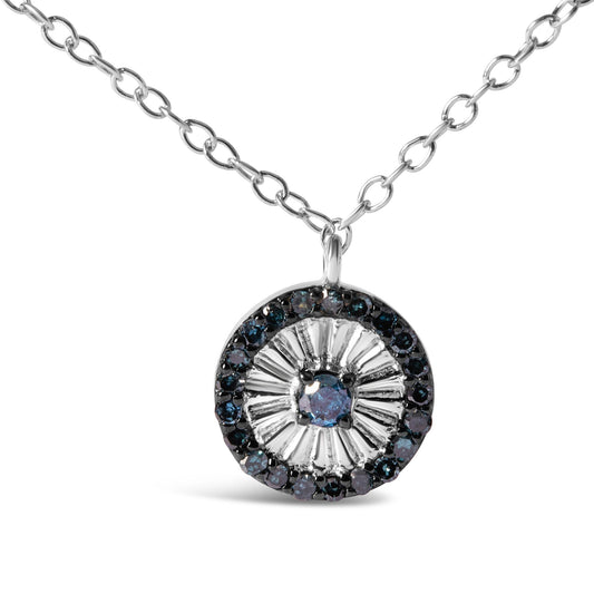 .925 Sterling Silver 1/6 Cttw Blue Diamond Wheel and Spoke Pendant Necklace (Blue Color, I2-I3 Clarity) - 18in