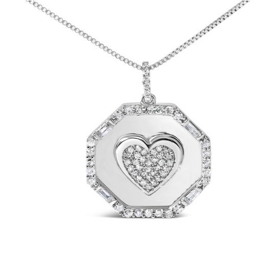 .925 Sterling Silver 5/8 Cttw Diamond Mirror Plate with Heart and Diamond Halo 18in Pendant Necklace (H-I Color, I2-I3 Clarity)