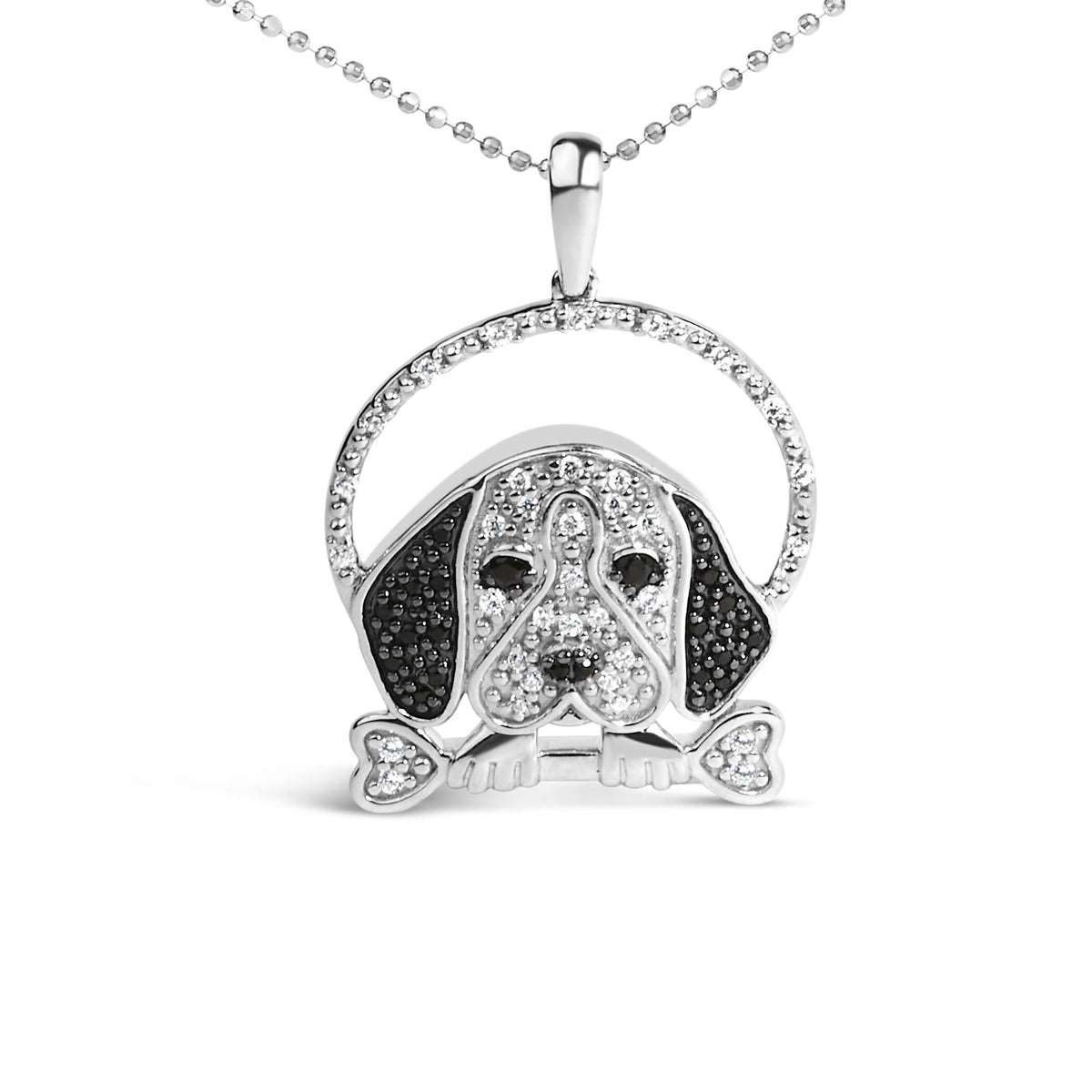 .925 Sterling Silver 1/4 Cttw White and Black Diamond Beagle Dog and Bone Pendant Necklace (I-J Color, I2-I3 Clarity) - 18in