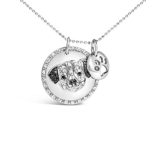 .925 Sterling Silver 1/4 Cttw White and Black Diamond Pitbull Dog Medallion and Charm 18in Pendant Necklace (I-J Color, I2-I3 Clarity)