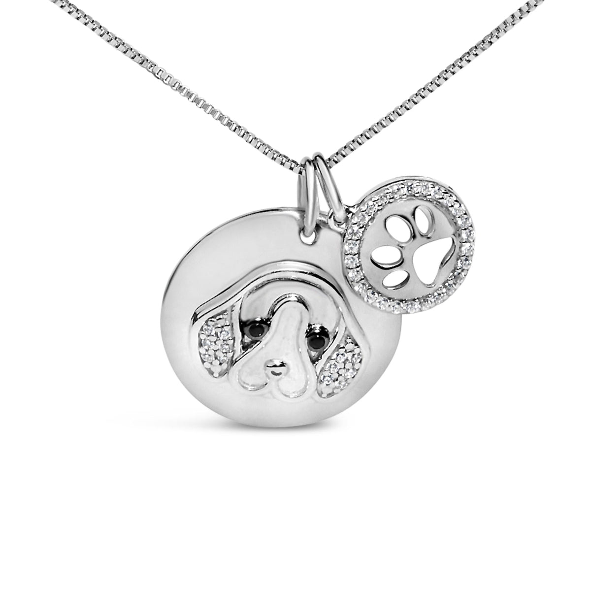 .925 Sterling Silver 1/5 Cttw White and Black Diamond Beagle Dog Medallion and Charm 18in Pendant Necklace (I-J Color, I2-I3 Clarity)