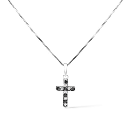 .925 Sterling Silver 1/4 Cttw Round Natural Treated Black and White Diamond Cross Pendant Necklace (Black and I-J Color, I3 Clarity)