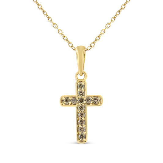 10K Yellow Gold Flashed .925 Sterling Silver 1/4 Cttw Champagne Diamond Cross Pendant Necklace (K-L Color, I1-I2 Clarity) - 18in