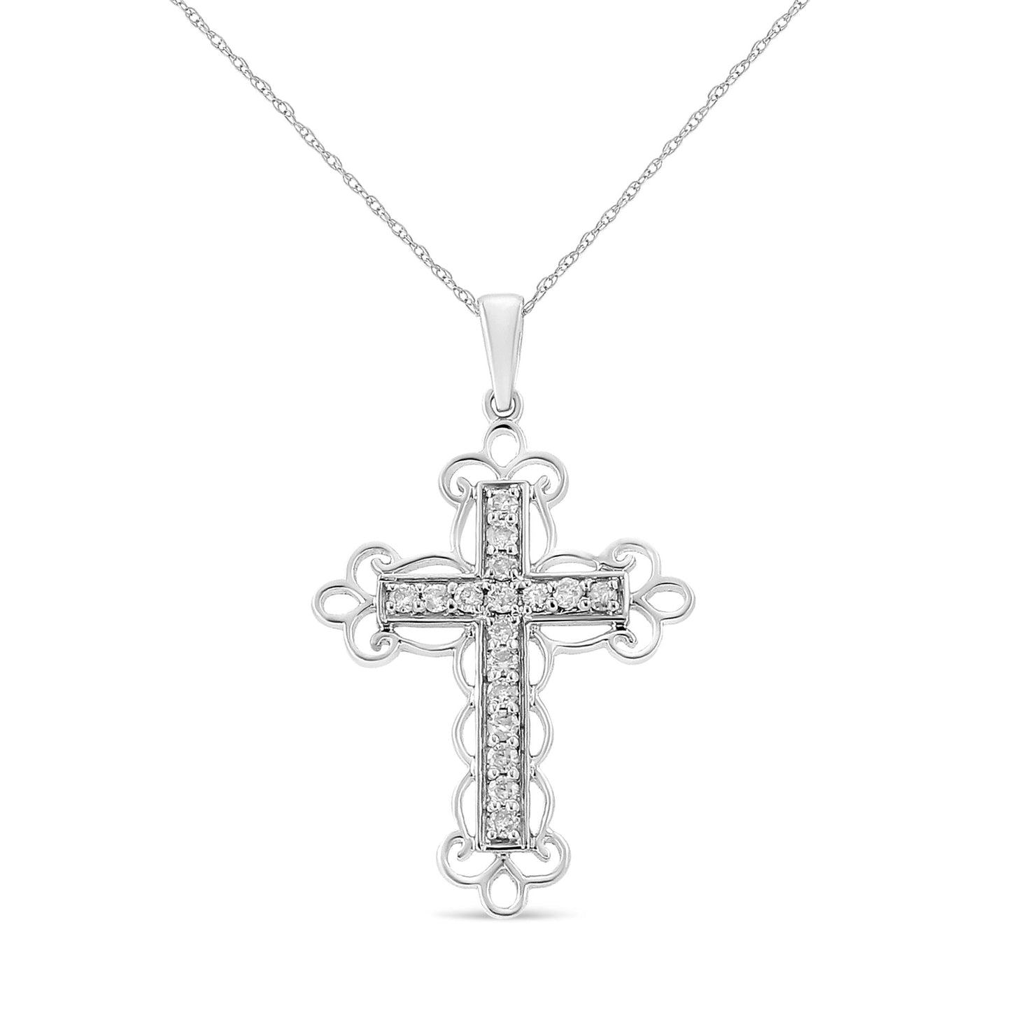 .925 Sterling Silver 1/4 Cttw Round Cut Diamond Art Deco Style Cross 18in Pendant Necklace (J-K Color, I2-I3 Clarity)