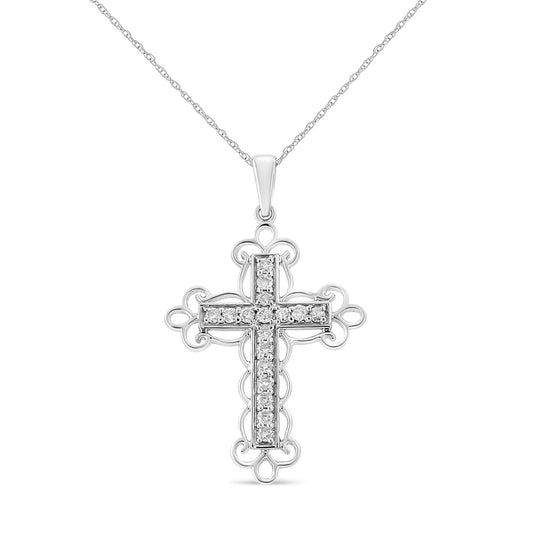 .925 Sterling Silver 1/4 Cttw Round Cut Diamond Art Deco Style Cross 18in Pendant Necklace (J-K Color, I2-I3 Clarity)
