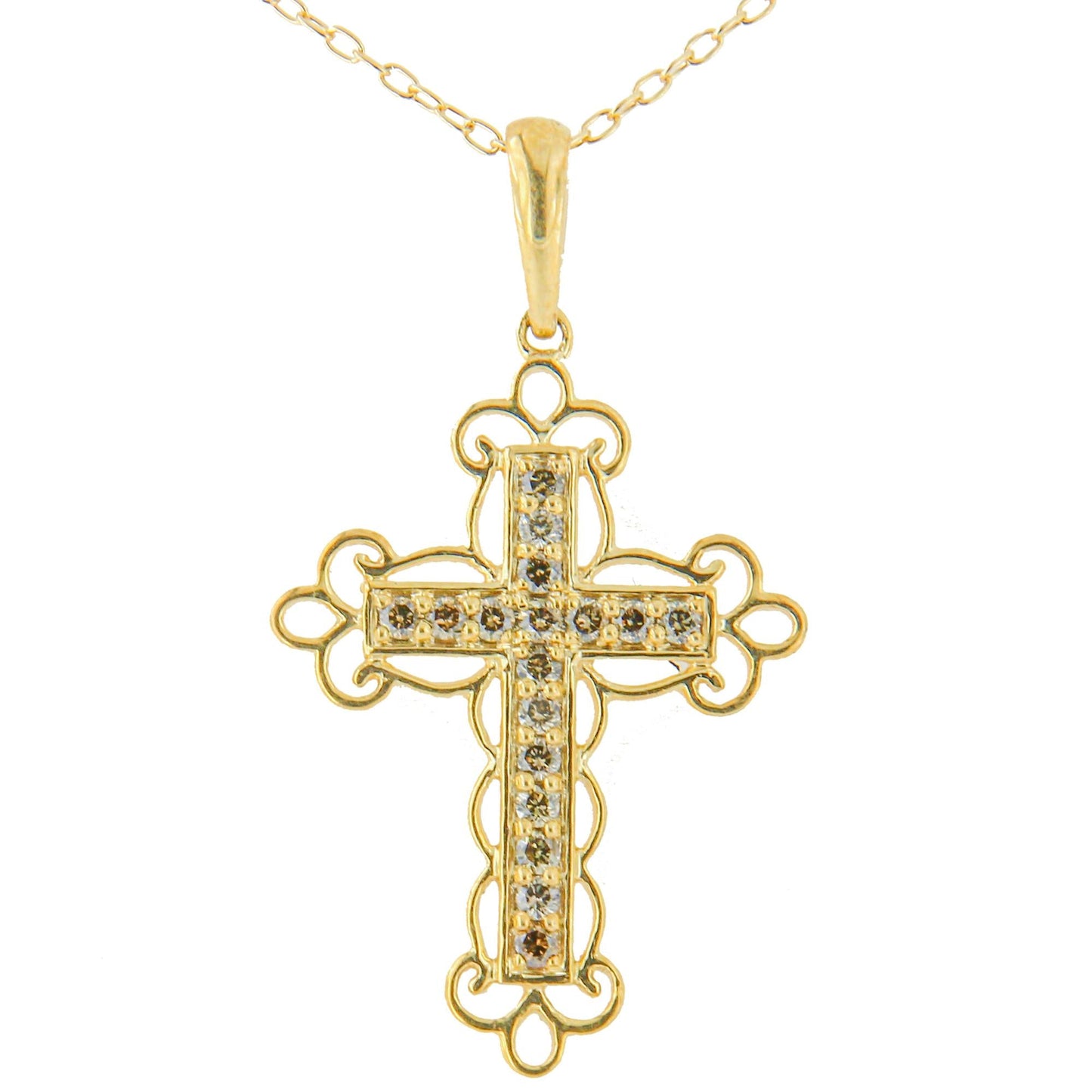 10K Yellow Flashed .925 Sterling Silver 1/4 Cttw Champagne Diamond Filigree Cross Pendant Necklace (K-L Color, I1-I2 Clarity) - 18in