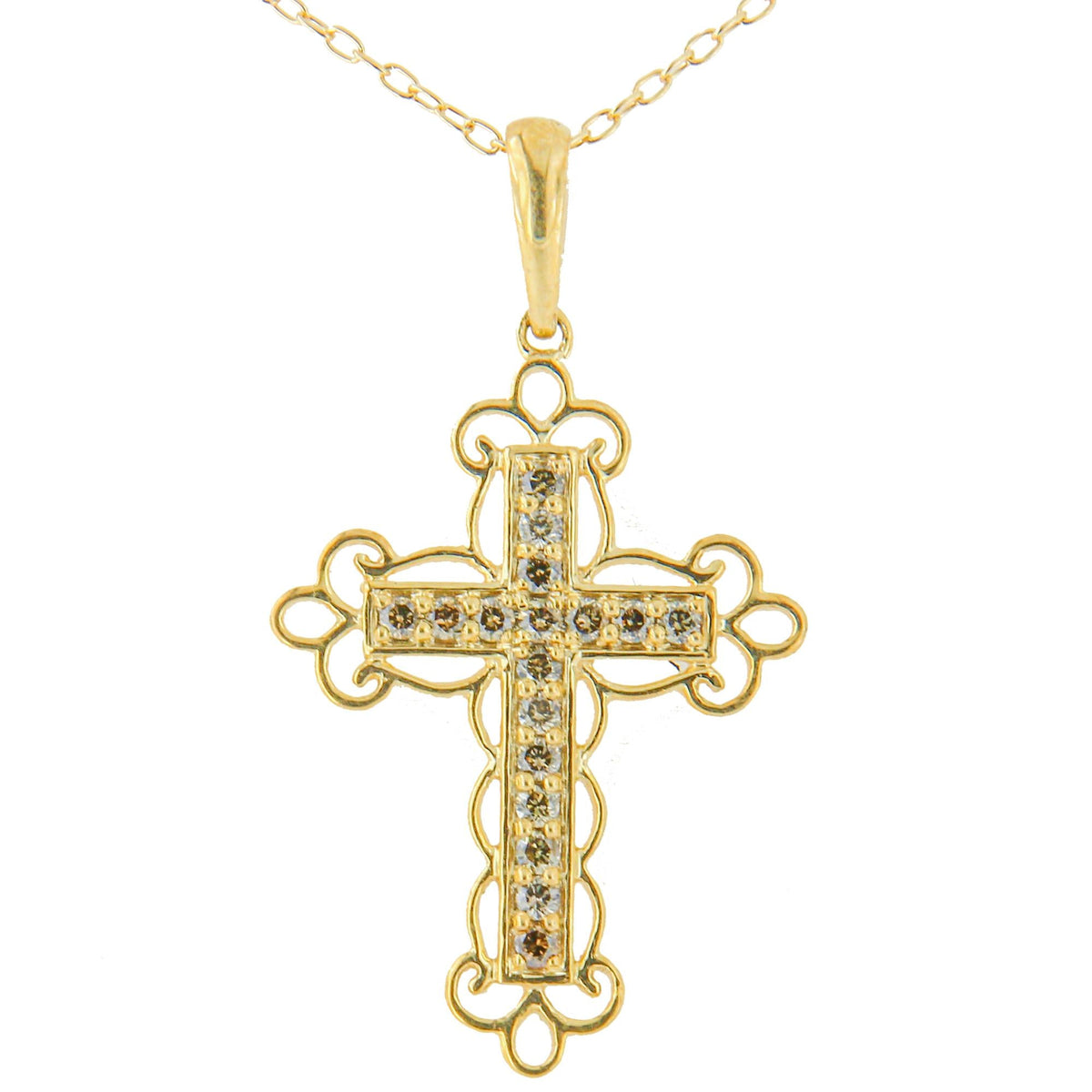 10K Yellow Flashed .925 Sterling Silver 1/4 Cttw Champagne Diamond Filigree Cross Pendant Necklace (K-L Color, I1-I2 Clarity) - 18in