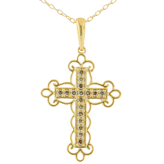 10K Yellow Flashed .925 Sterling Silver 1/4 Cttw Champagne Diamond Filigree Cross Pendant Necklace (K-L Color, I1-I2 Clarity) - 18in