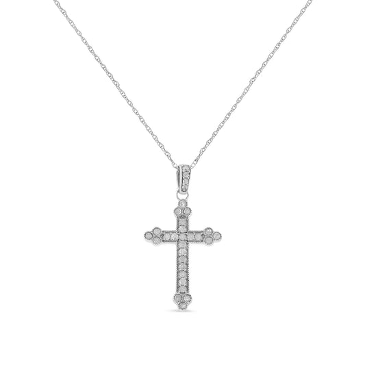 .925 Sterling Silver 1/4 Cttw Prong Set Round-Cut Diamond Cross 18in Pendant Necklace - (I-J Color, I3-Promo Quality)
