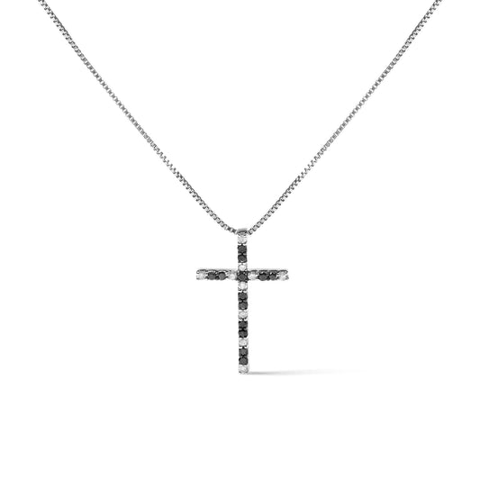 .925 Sterling Silver 1/4 Cttw Black and White Diamond Cross 18in Pendant Necklace (H-I Color, I2-I3 Clarity)