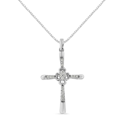 .925 Sterling Silver 1/10 Cttw Prong Set Diamond Cross 18in Pendant Necklace - (I-J Color, I3-Promo Quality)