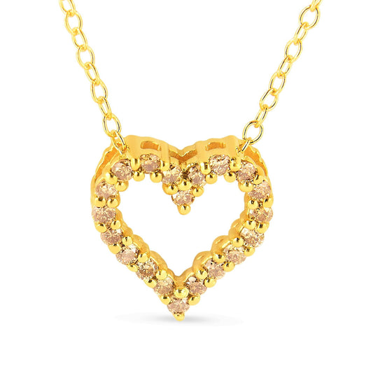 10K Yellow Gold Plated .925 Sterling Silver 1/4 Cttw Champagne Diamond Heart 18in Pendant Necklace (Champagne Color, I1-I2 Clarity)