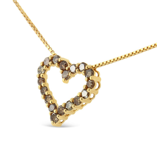 14K Yellow Gold Plated .925 Sterling Silver 1.0 Cttw Champagne Diamond Heart Pendant Necklace (K-L Color, I1-I2 Clarity) - 18in