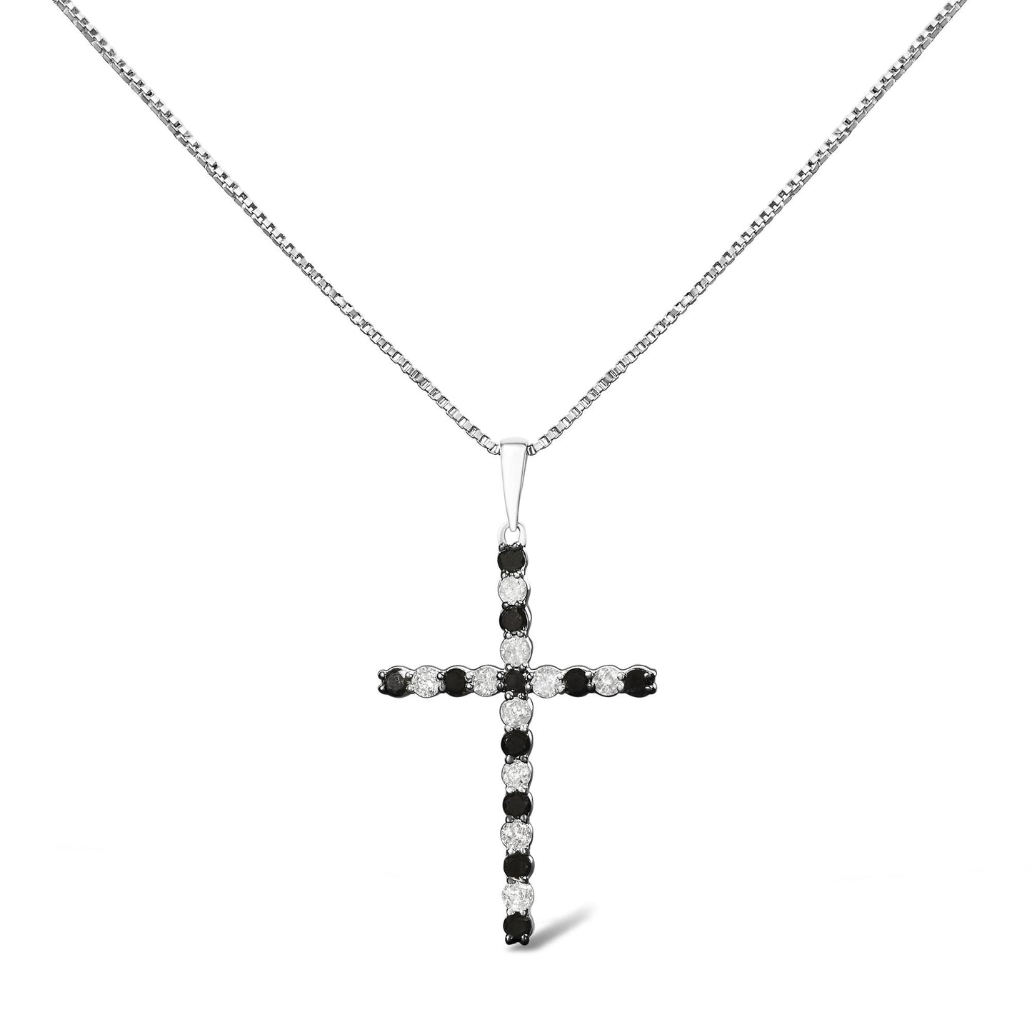 .925 Sterling Silver 1/2 Cttw Alternating Black and White Diamond Cross Pendant Necklace (H-I Color, I2-I3 Clarity) - 18in