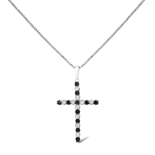 .925 Sterling Silver 1/2 Cttw Alternating Black and White Diamond Cross Pendant Necklace (H-I Color, I2-I3 Clarity) - 18in