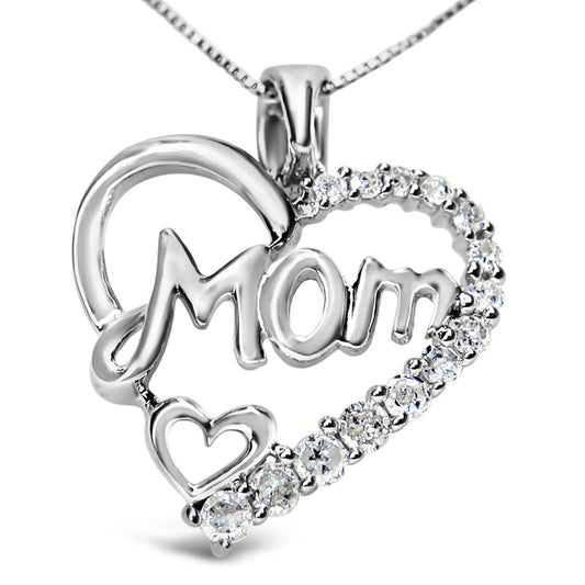 .925 Sterling Silver 1/4 Cttw Round Diamond Mom Heart Pendant 18in Necklace (I-J Color, I3 Clarity)