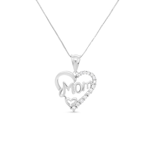 .925 Sterling Silver 1/4 Cttw Round Diamond "Mom" Openwork Heart Pendant 18in Necklace (I-J Color, I2-I3 Clarity)