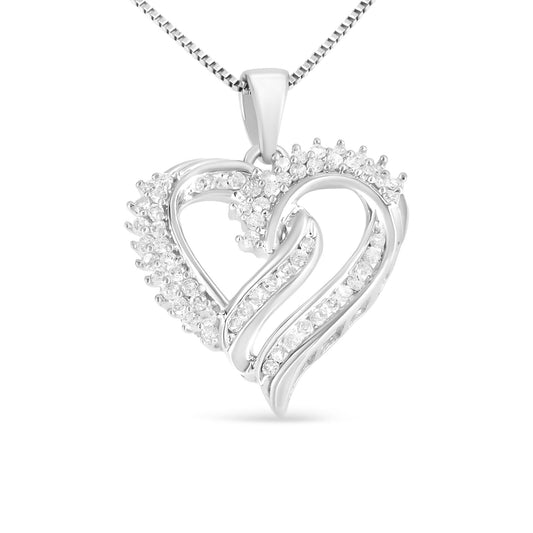 .925 Sterling Silver 1/2 Cttw Diamond Double Row Openwork Heart Pendant 18in Necklace (I-J Color, I3 Clarity)