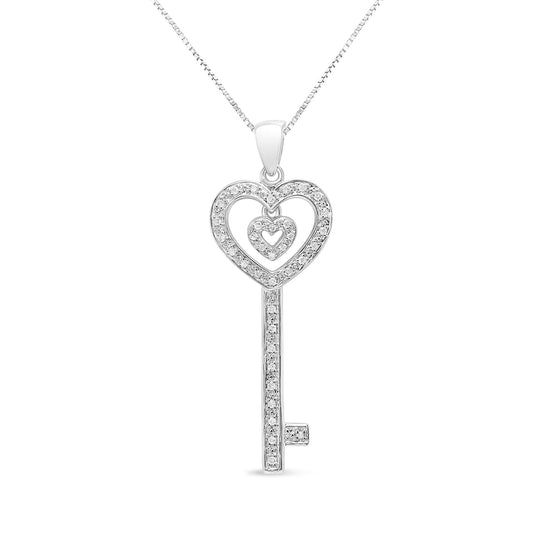 .925 Sterling Silver 1/5 Cttw Round-Cut Diamond Double Heart & Key 18in Pendant Necklace (I-J Color, I3 Clarity)