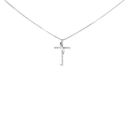.925 Sterling Silver 1/4 Cttw Diamond Ribbon Swirl over Cross Pendant Necklace (H-I Color, I2-I3 Clarity) - 18in