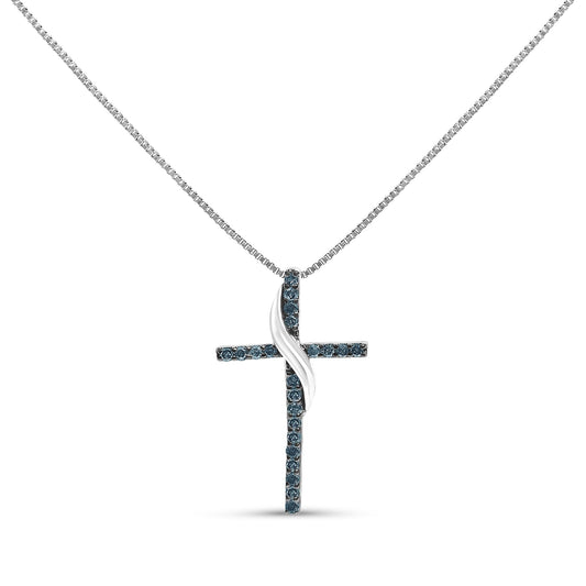.925 Sterling Silver 1/4 Cttw Blue Diamond Ribbon Swirl over Cross Pendant Necklace (Blue Color, I2-I3 Clarity) - 18 Inches