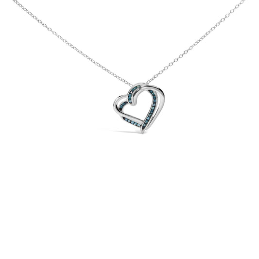 925 Sterling Silver 1/10 Cttw Treated Blue Diamond Double Heart 18in Pendant Necklace (Blue Color, I2-I3 Clarity)