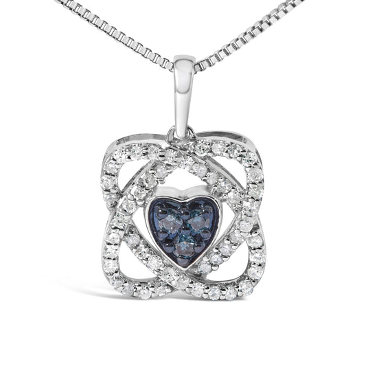 .925 Sterling Silver 3/8 Cttw Blue Diamond Heart and Woven Halo 18in Pendant Necklace (Blue Color, I1-I2 Clarity)