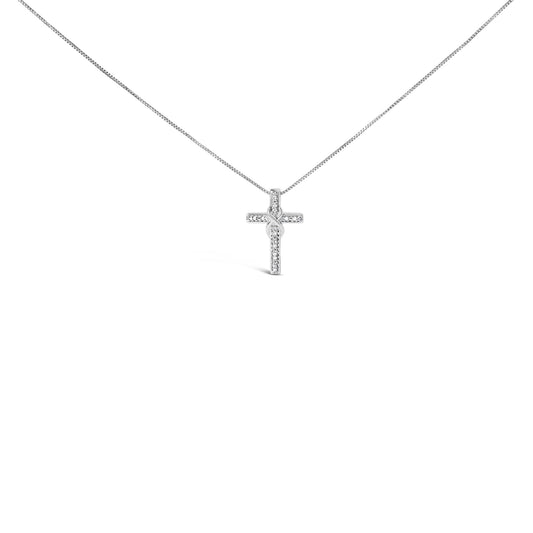 .925 Sterling Silver 1/10 Cttw Diamond Inlaid Cross with Ribbon Pendant Necklace (I-J Color, I2-I3 Clarity) - 18in