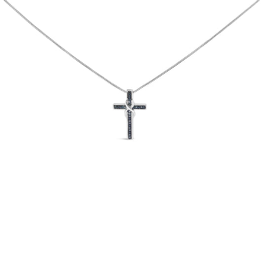 .925 Sterling Silver 1/10 Cttw Blue Diamond Inlaid Cross with Ribbon Pendant Necklace (Blue Color, I2-I3 Clarity) - 18in
