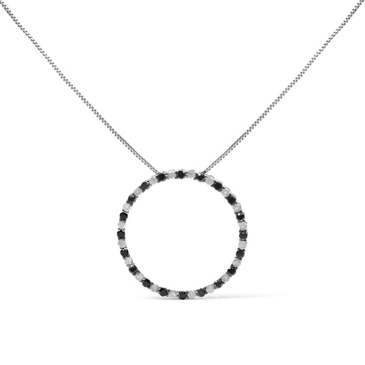 .925 Sterling Silver 1.0 Cttw Alternating Black and White Diamond Open Hoop Circle Pendant Necklace - 18 Inches