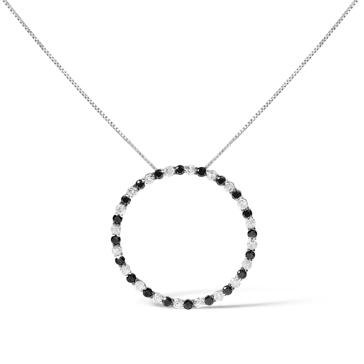 .925 Sterling Silver 2.0 Cttw Alternating Black and White Diamond Open Hoop Circle Pendant Necklace (H-I Color, I2-I3 Clarity) - 18 Inches