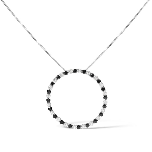 .925 Sterling Silver 2.0 Cttw Alternating Black and White Diamond Open Hoop Circle Pendant Necklace (H-I Color, I2-I3 Clarity) - 18 Inches