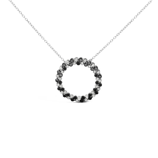 .925 Sterling Silver 1 3/5 Cttw Alternating Treated Black and White Diamond Double Row Open Circle Pendant Necklace (H-I Color, I3 Clarity) - 18in