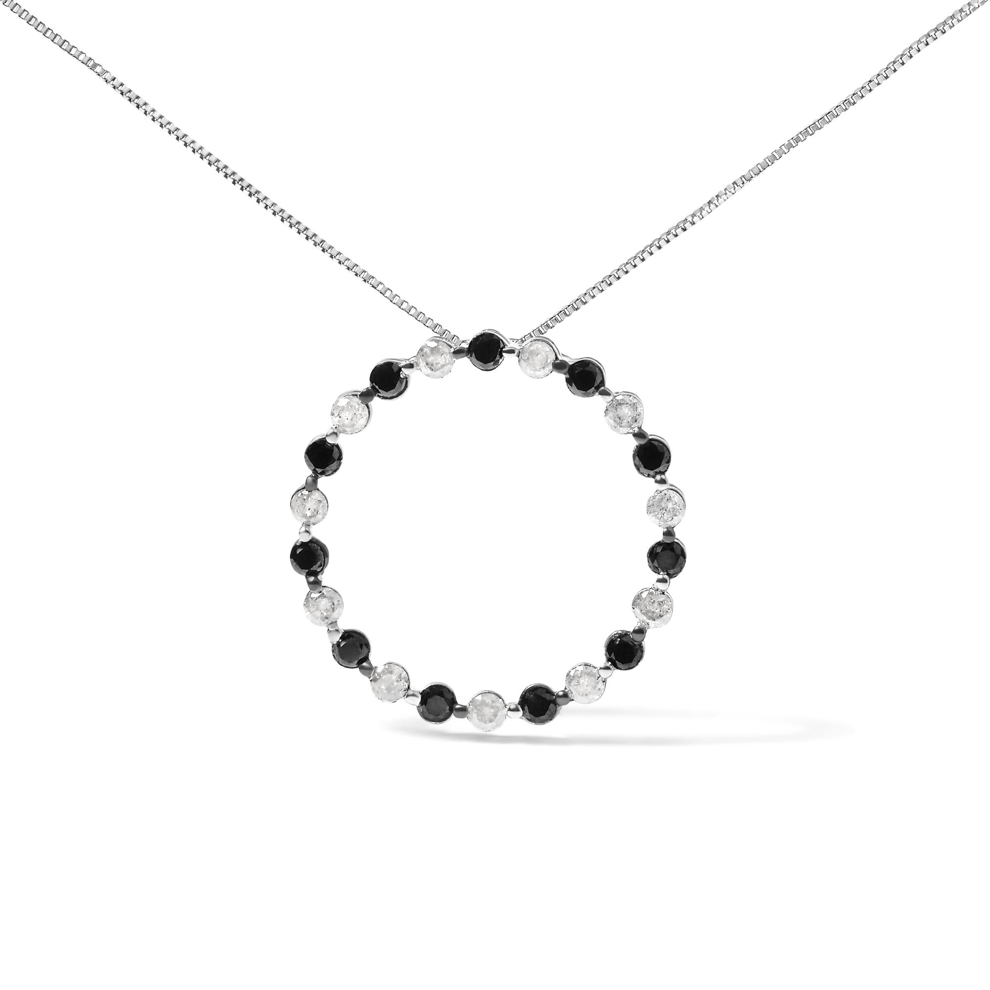 .925 Sterling Silver 1 3/4 Cttw Alternating Black and White Diamond Open Circle Hoop Pendant Necklace (H-I Color, I2-I3 Clarity) - 18 Inches
