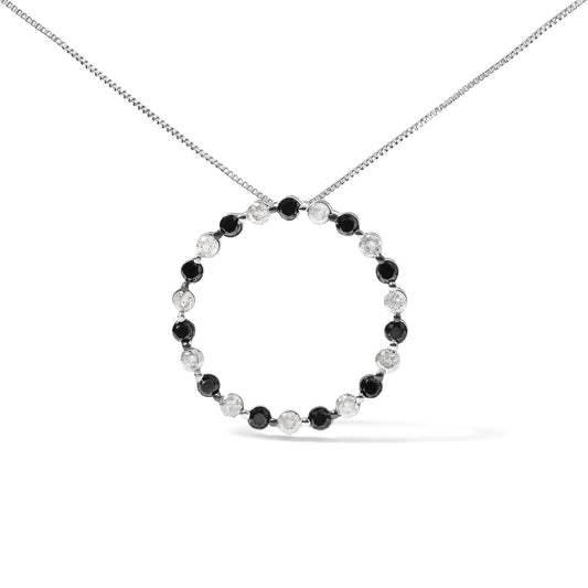 .925 Sterling Silver 1 3/4 Cttw Alternating Black and White Diamond Open Circle Hoop Pendant Necklace (H-I Color, I2-I3 Clarity) - 18 Inches