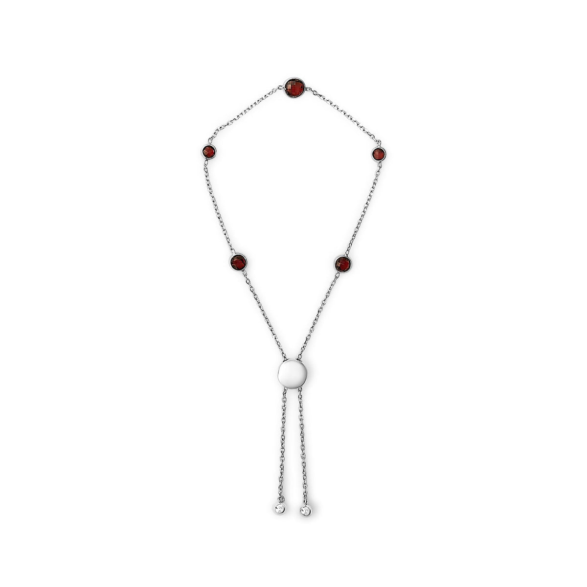 .925 Sterling Silver Bezel Set Red Garnet 5 Station Adjustable Bolo Bracelet