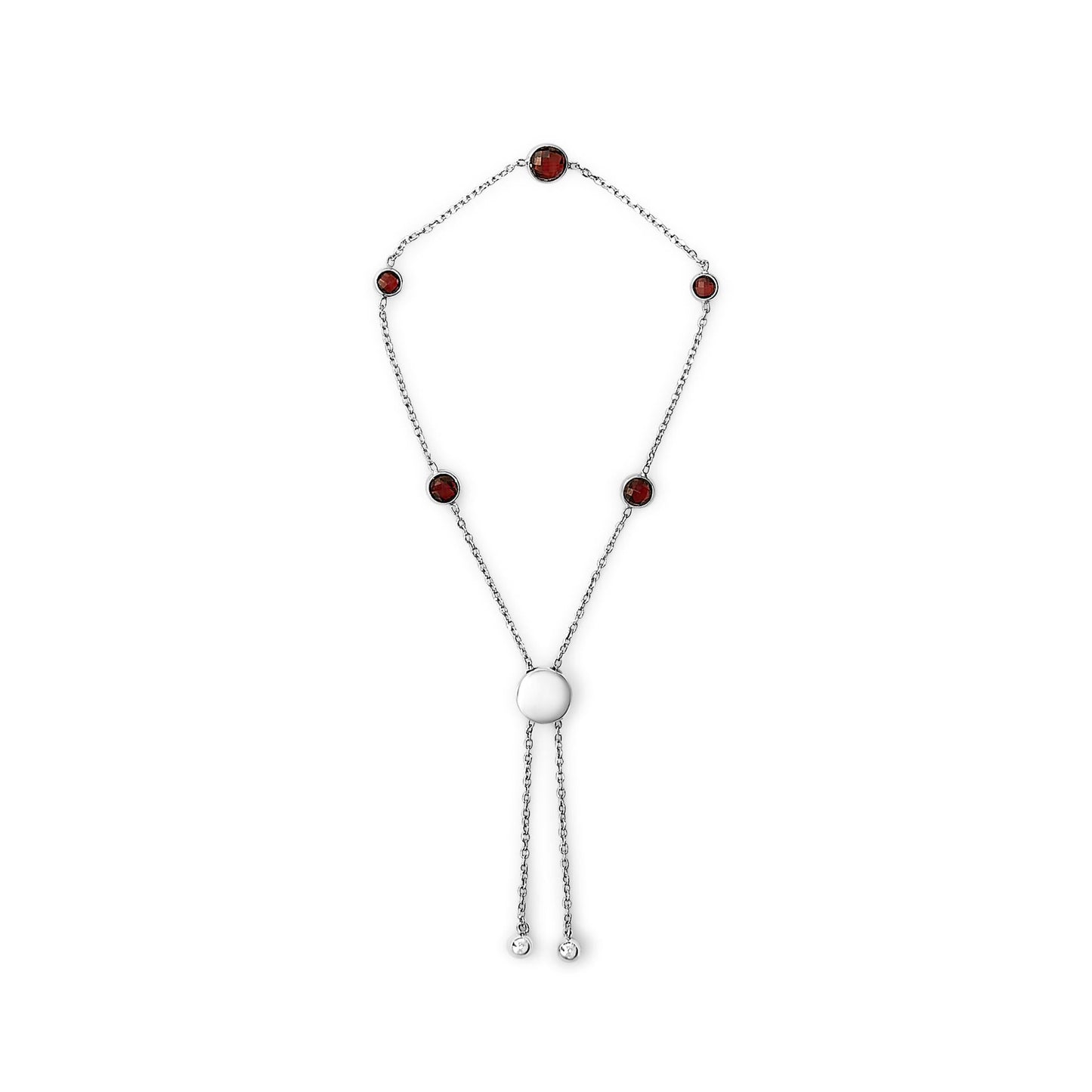 .925 Sterling Silver Bezel Set Red Garnet 5 Station Adjustable Bolo Bracelet