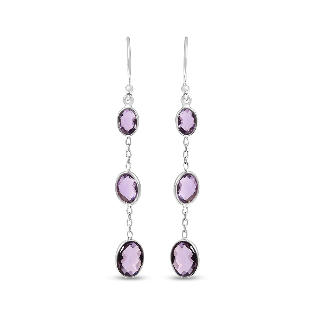 .925 Sterling Silver Checkerboard Cut Oval Purple Amethyst 2 Inch Drop and Dangle Earrings