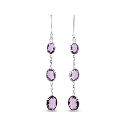 .925 Sterling Silver Checkerboard Cut Oval Purple Amethyst 2 Inch Drop and Dangle Earrings