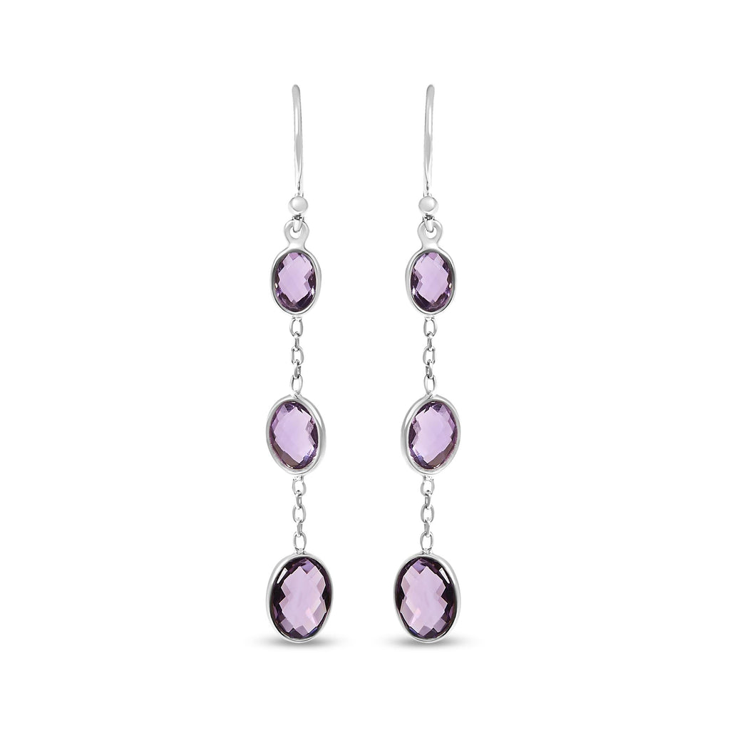 .925 Sterling Silver Checkerboard Cut Oval Purple Amethyst 2 Inch Drop and Dangle Earrings