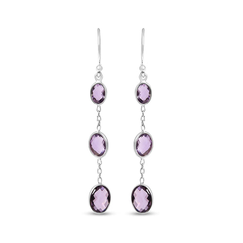 .925 Sterling Silver Checkerboard Cut Oval Purple Amethyst 2 Inch Drop and Dangle Earrings