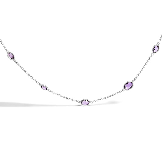 .925 Sterling Silver Checkerboard Cut Purple Amethyst Bezel Station Necklace - 22 Inches
