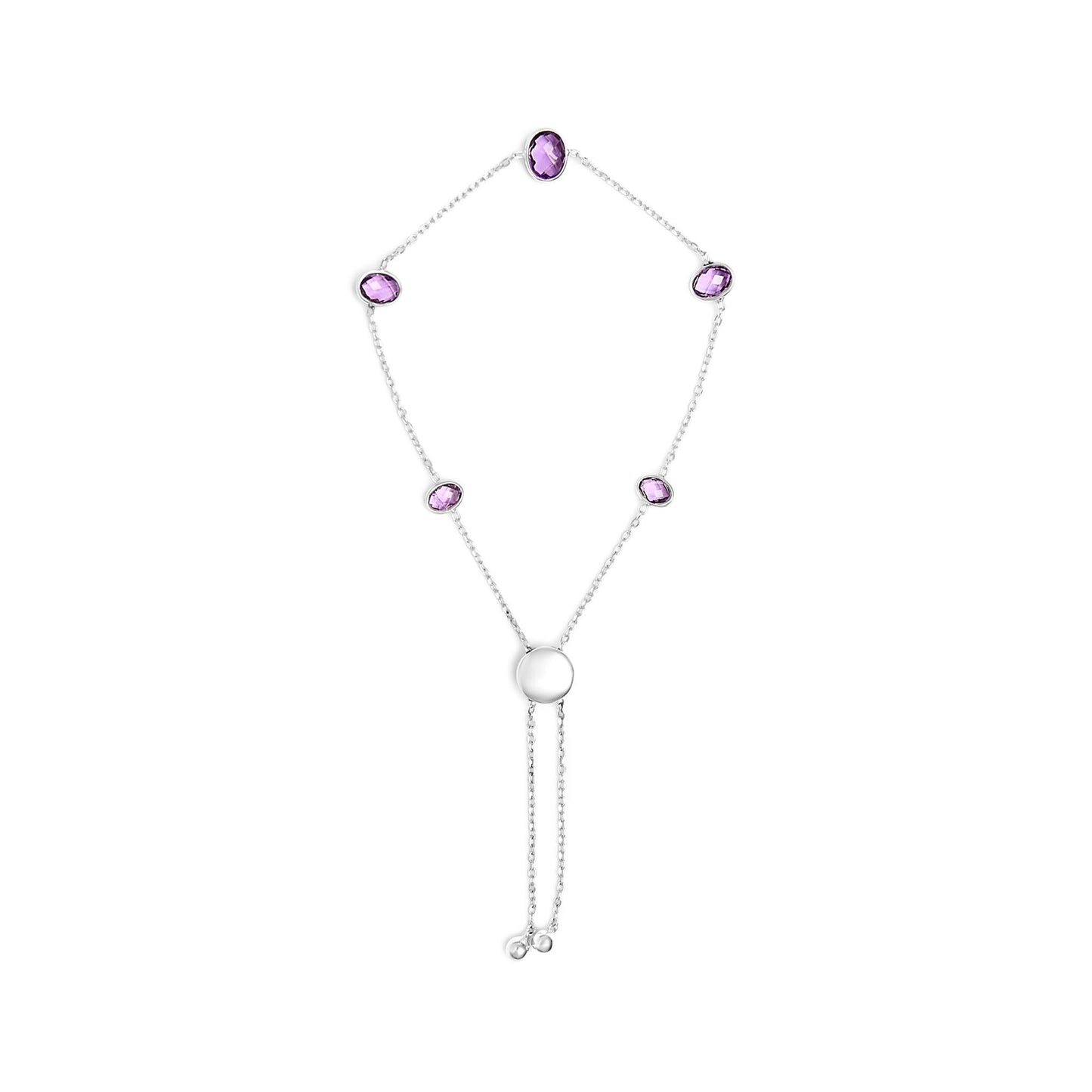 .925 Sterling Silver Bezel Set Purple Amethyst 5 Station Adjustable Bolo Bracelet