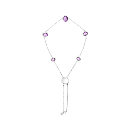 .925 Sterling Silver Bezel Set Purple Amethyst 5 Station Adjustable Bolo Bracelet