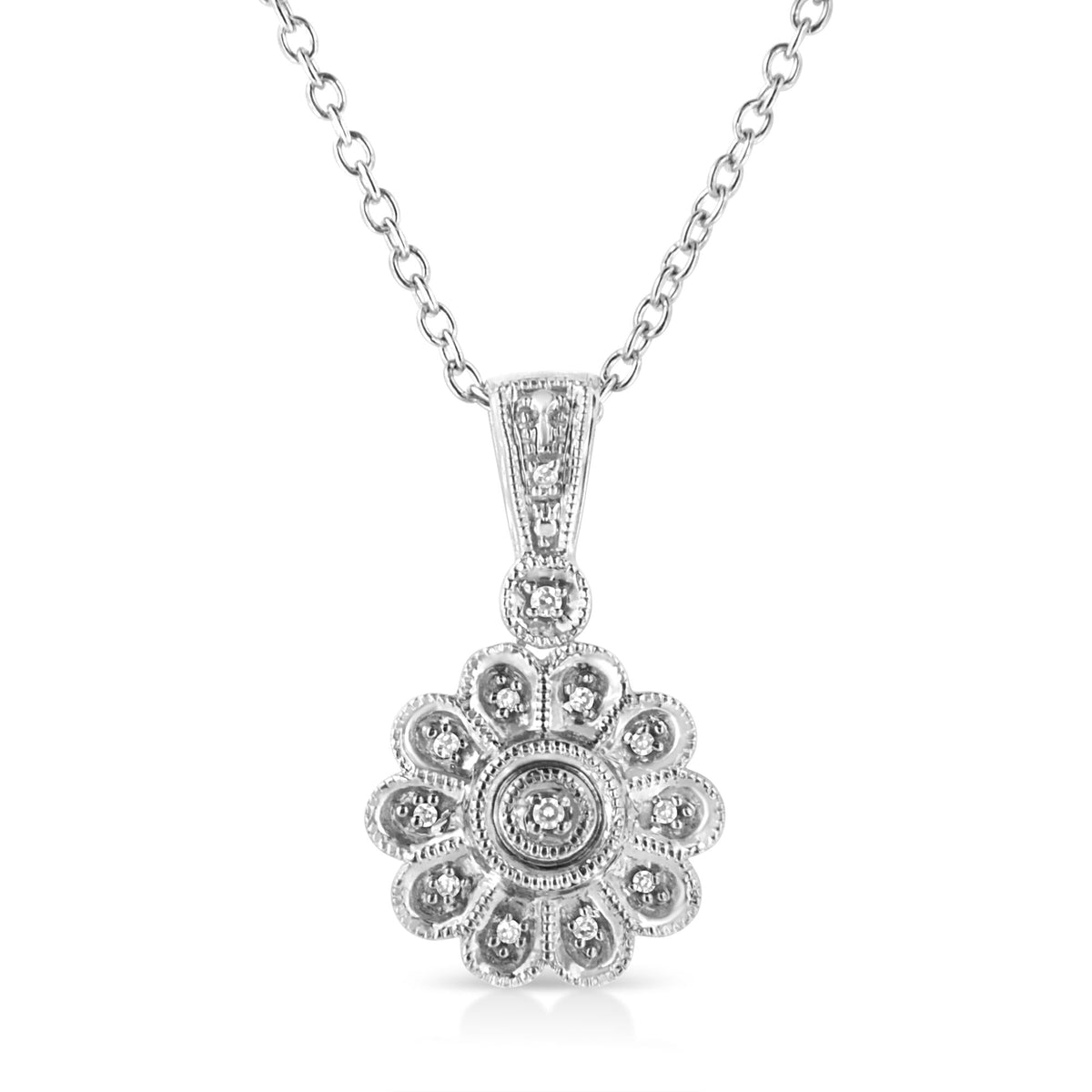 .925 Sterling Silver Diamond Accent Sunburst Milgrain 18in Pendant Necklace (I-J Color, I1-I2 Clarity)